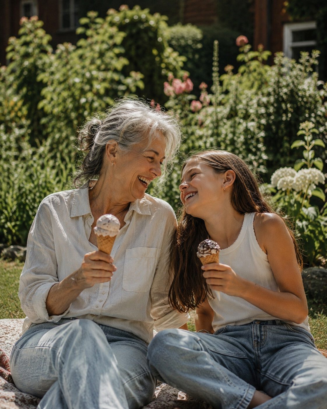 A grandmother and her granddaughter sharing an ice cream in the garden